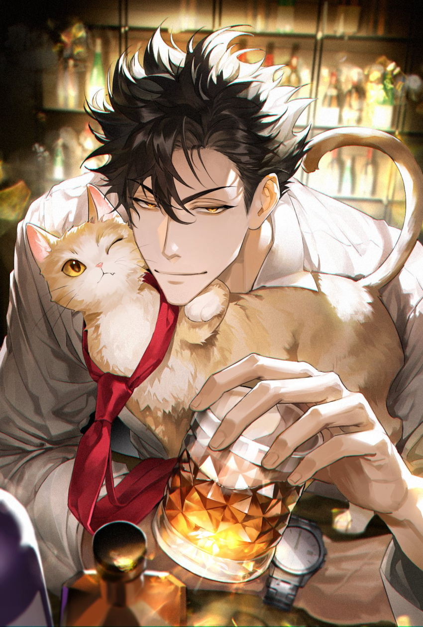 1boy ajrtkf44 alcohol animal bar_(place) black_hair cat commentary_request cup glass_bottle haikyuu!! highres holding holding_cup korean_commentary kuroo_tetsurou looking_at_viewer male_focus necktie red_tie shirt short_hair solo veins veiny_hands watch white_shirt wristwatch