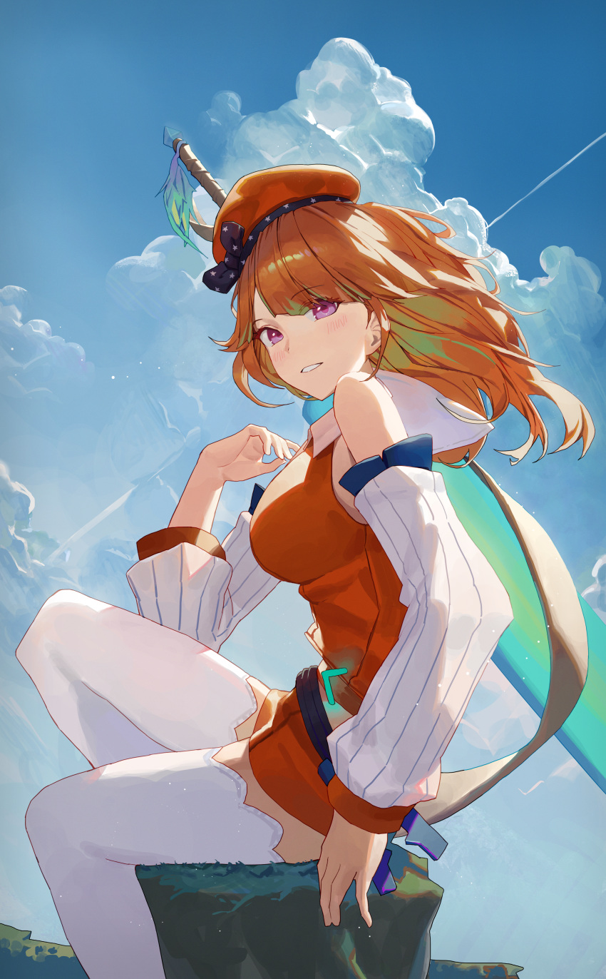 1girl absurdres bangs bare_shoulders beret blue_sky breasts cloud day detached_sleeves feathers floating_hair hat highres hololive hololive_english large_breasts light_blush long_hair long_sleeves looking_at_viewer miniskirt multicolored_hair orange_hair orange_skirt outdoors parted_lips pink_eyes revision sitting skirt sky smile solo starshell streaked_hair sword sword_on_back takanashi_kiara thighhighs virtual_youtuber weapon weapon_on_back white_thighhighs zettai_ryouiki