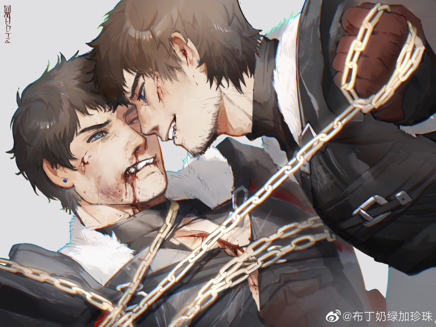 2boys adventurer_(ff14) ardbert_(ff14) bangs bara bdsm blood blood_on_face blue_eyes bondage bound brown_hair bruise chain chained chinese_commentary earrings facial_hair final_fantasy final_fantasy_xiv forehead-to-forehead hair_between_eyes heads_together highres hyur injury jewelry male_focus mature_male mbdtz multiple_boys nosebleed pectoral_cleavage pectorals scar scar_across_eye scar_on_cheek scar_on_face scar_on_neck short_hair smirk stubble teeth thick_eyebrows upper_body weibo_logo weibo_username yaoi