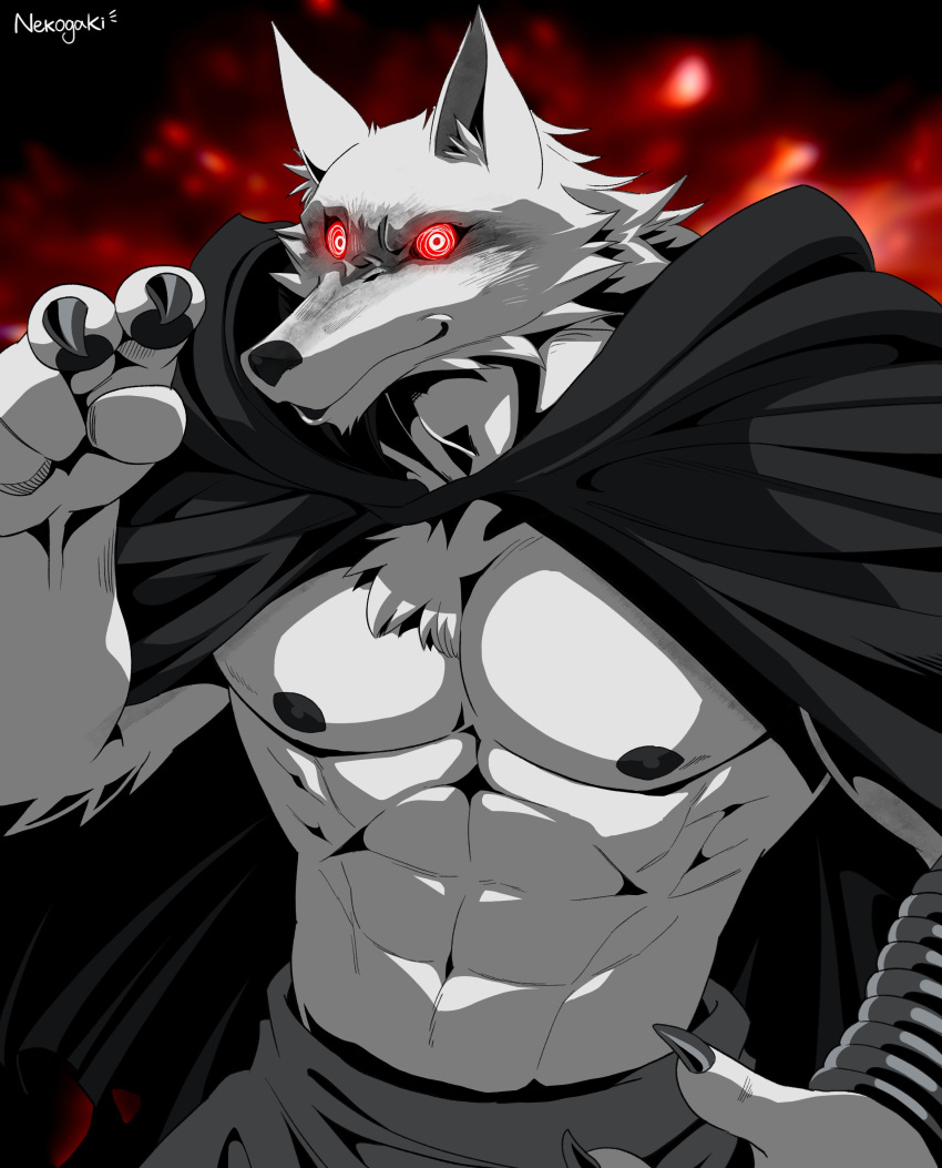 absurd_res anthro black_nipples canid canine canis claws cloak clothing death_(puss_in_boots) hi_res male mammal muscular muscular_male nekogaki0324 nipples red_eyes solo wolf wristband