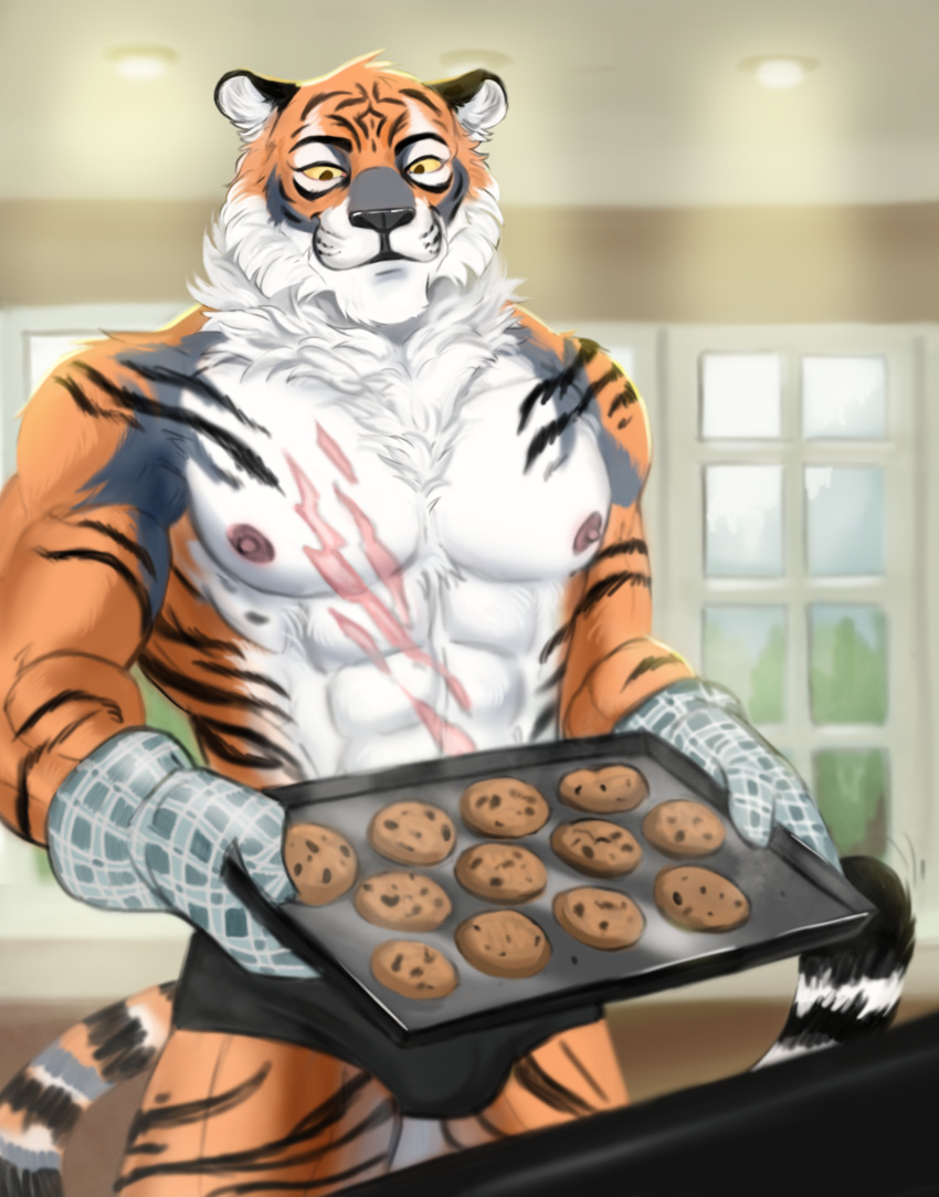 absurd_res bulge chlorineartworks clothing cookie felid feline food furry hi_res male mammal pantherine tiger underwear