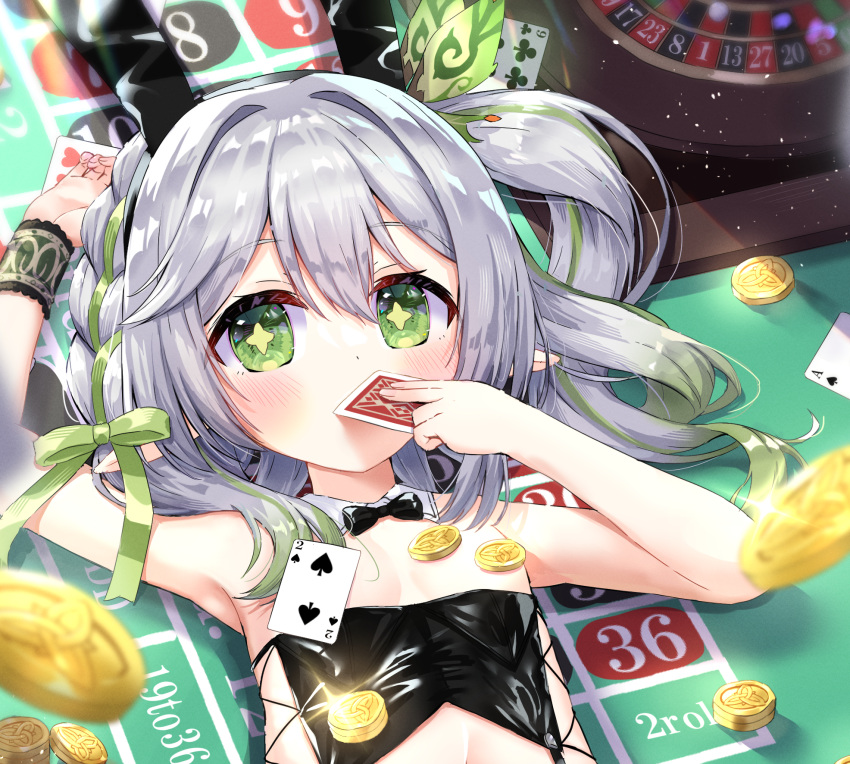 1girl arm_up bangs bare_shoulders black_bow black_bowtie black_leotard blurry blurry_foreground blush bow bowtie braid card club_(shape) coin collar commentary_request covered_mouth cross-shaped_pupils depth_of_field detached_collar genshin_impact green_eyes green_hair grey_hair hair_between_eyes highres holding holding_card leotard long_hair looking_at_viewer nahida_(genshin_impact) navel on_table playboy_bunny playing_card roulette roulette_table side_ponytail siera_(sieracitrus) solo spade_(shape) strapless strapless_leotard symbol-shaped_pupils table upper_body white_collar wrist_cuffs