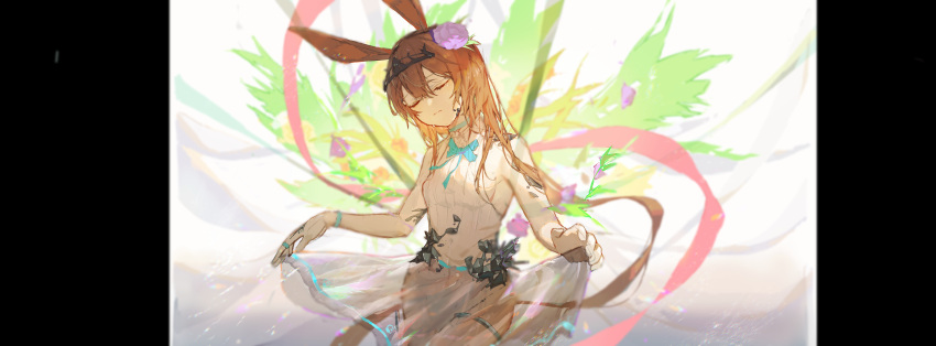1girl absurdres alternate_costume amiya_(arknights) animal_ears arknights blue_bow blue_bowtie bow bowtie bracelet brown_hair closed_eyes closed_mouth crying dongfengjingzhe dress facing_viewer flower hair_between_eyes hair_flower hair_ornament highres jewelry leaf long_hair multiple_rings oripathy_lesion_(arknights) pillarboxed purple_flower rabbit_ears rabbit_girl ring see-through see-through_skirt skirt skirt_hold sleeveless sleeveless_dress solo tears tiara upper_body white_dress
