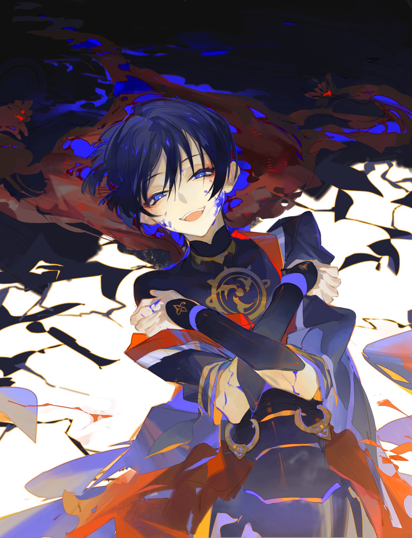 1boy absurdres arm_armor bangs black_shirt black_shorts black_vest blood blood_on_ground blue_blood blue_eyes blue_hair blunt_ends broken_glass chinese_commentary commentary_request crossed_arms dark_blue_hair fang fangs floor genshin_impact glass gold hair_between_eyes hands_up highres jewelry looking_at_viewer lying male_focus mandarin_collar mitsudomoe_(shape) n0kio necklace on_back open_clothes open_mouth open_vest red_eyeliner scaramouche_(genshin_impact) shirt short_hair short_sleeves shorts smile solo teeth tomoe_(symbol) tongue vest