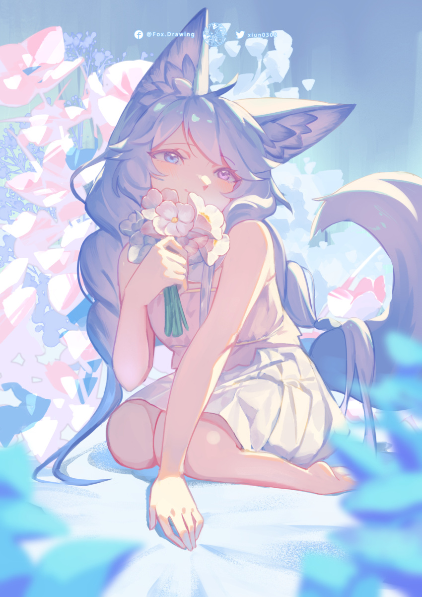 1girl animal_ear_fluff animal_ears bangs blue_eyes blue_hair braid closed_mouth commentary eyelashes facebook_username flower fox_ears fox_girl fox_tail highres hiro_(clever0303) holding holding_flower long_hair original sitting skirt smile solo symbol-only_commentary tail twin_braids twitter_username wariza white_flower