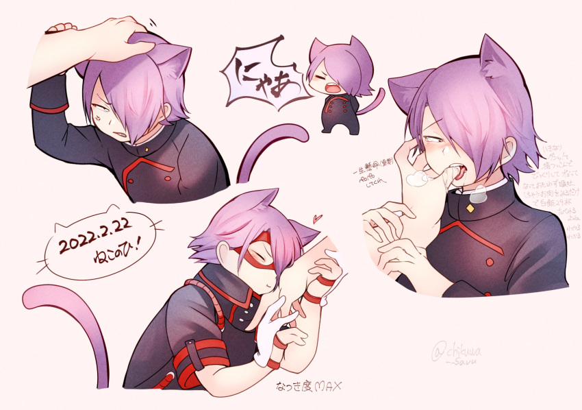 1boy 1other animal_ears bangs black_jacket blush boku_no_hero_academia buttons cat_boy cat_ears cat_tail chibi chikuwa_savy cropped_torso dated eye_mask finger_in_another's_mouth gloves hair_over_one_eye half_gloves headpat heart highres jacket kemonomimi_mode male_focus multiple_views red_mask saliva shishikura_seiji short_sleeves speech_bubble tail tearing_up teeth tongue tongue_out translation_request white_background white_gloves