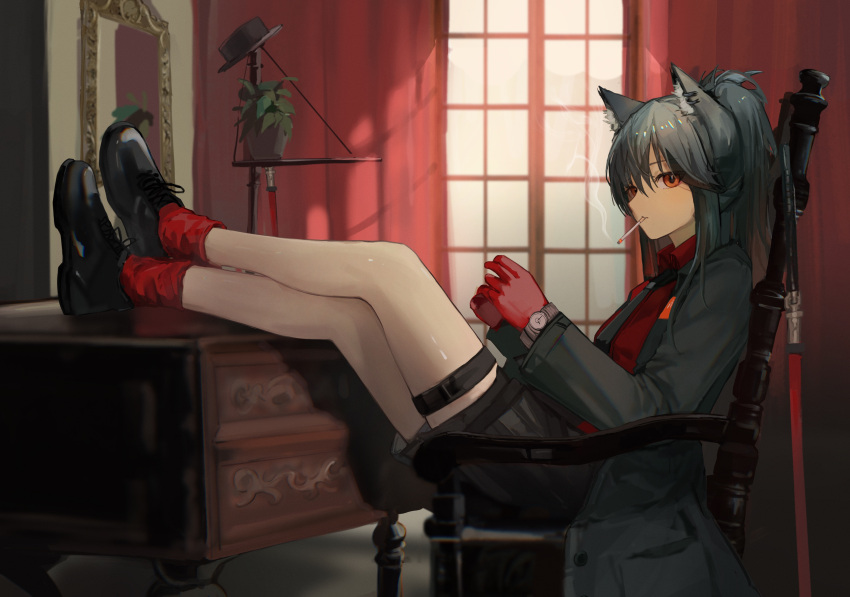 1girl absurdres animal_ear_fluff animal_ears arknights armchair bangs black_coat black_footwear black_hair black_necktie black_shorts chair cigarette coat collared_shirt crossed_legs curtains desk gloves highres indoors kneehighs legs legs_on_table legs_up long_hair long_sleeves mouth_hold necktie official_alternate_costume open_clothes open_coat plant ponytail potted_plant red_eyes red_gloves red_shirt red_socks shijiubashuazi shirt shoes shorts sitting smoke smoking socks solo texas_(arknights) texas_(willpower)_(arknights) thigh_strap watch window wolf_ears wristwatch