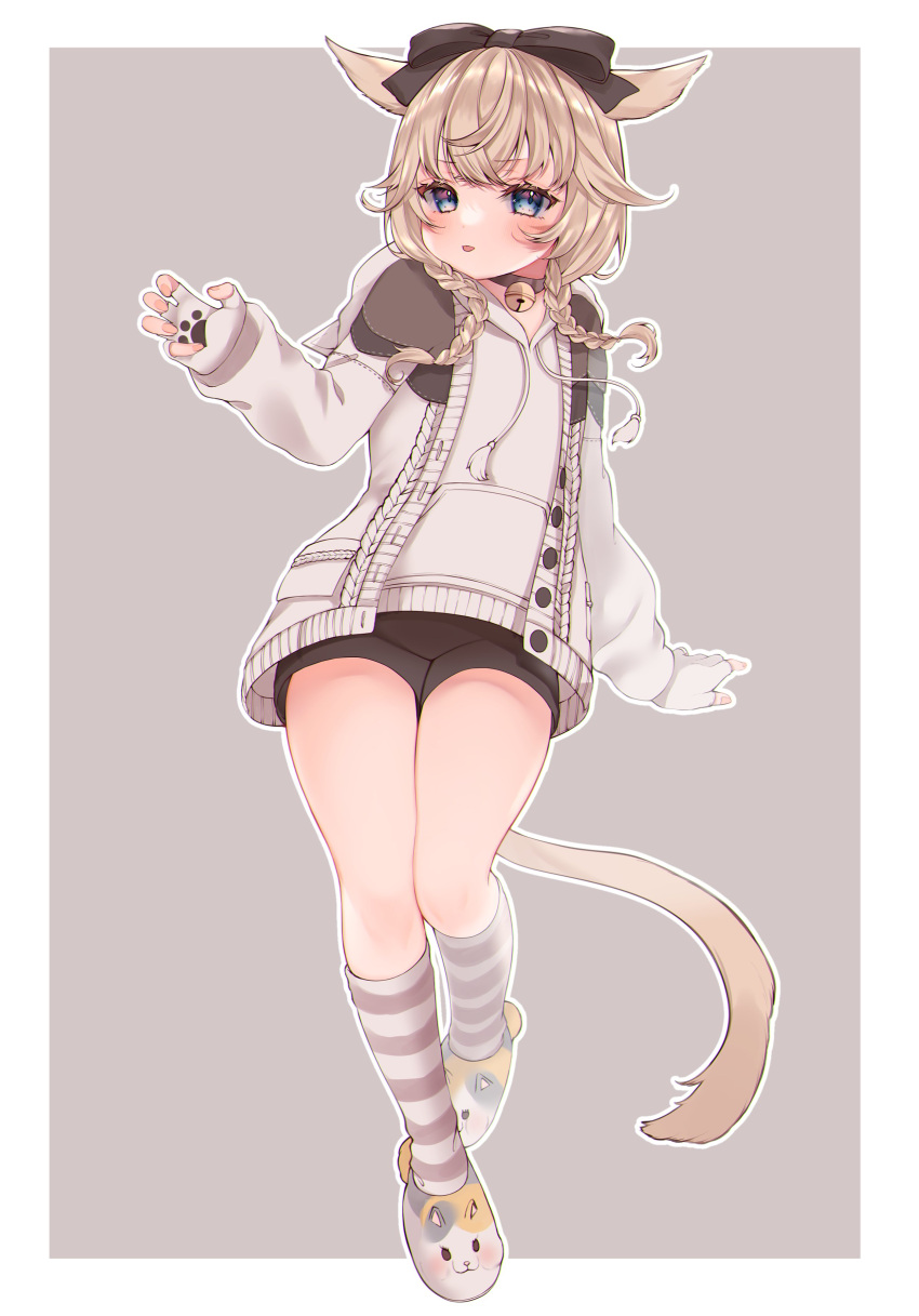 1girl :p absurdres animal_ears animal_slippers avatar_(ff14) bell black_choker black_jacket black_shorts blue_eyes braid brown_jacket cat_ears cat_girl cat_tail choker final_fantasy final_fantasy_xiv fingerless_gloves gloves highres hood hood_down hoodie jacket jingle_bell light_brown_hair long_sleeves looking_at_viewer medium_hair miqo'te multicolored_clothes multicolored_jacket neck_bell open_clothes open_jacket paw_print paw_print_palms shelly_(ponkotu_shari) short_shorts shorts simple_background slippers tail tongue tongue_out twin_braids white_gloves white_hoodie white_jacket