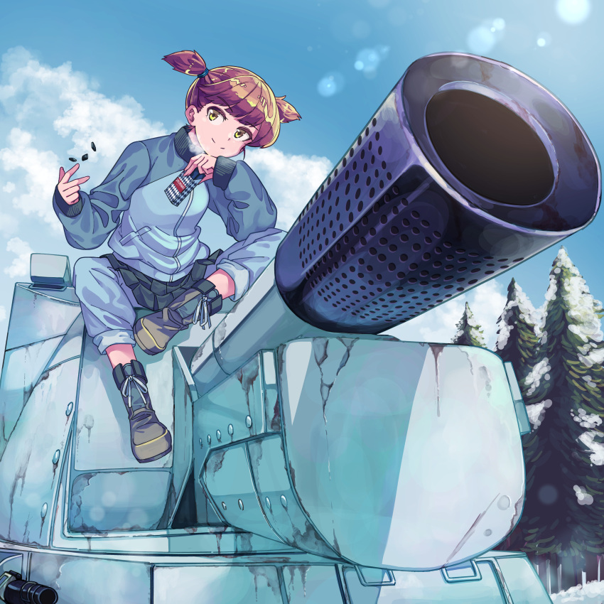 1girl absurdres aoi_kujira black_skirt blue_jacket blue_pants brown_hair bt-42 candy food girls_und_panzer green_eyes ground_vehicle highres jacket keizoku_military_uniform lens_flare mikko_(girls_und_panzer) military military_vehicle motor_vehicle outdoors pants salmiakki short_hair sitting skirt smile snow solo tank tank_focus track_suit tree vehicle_focus