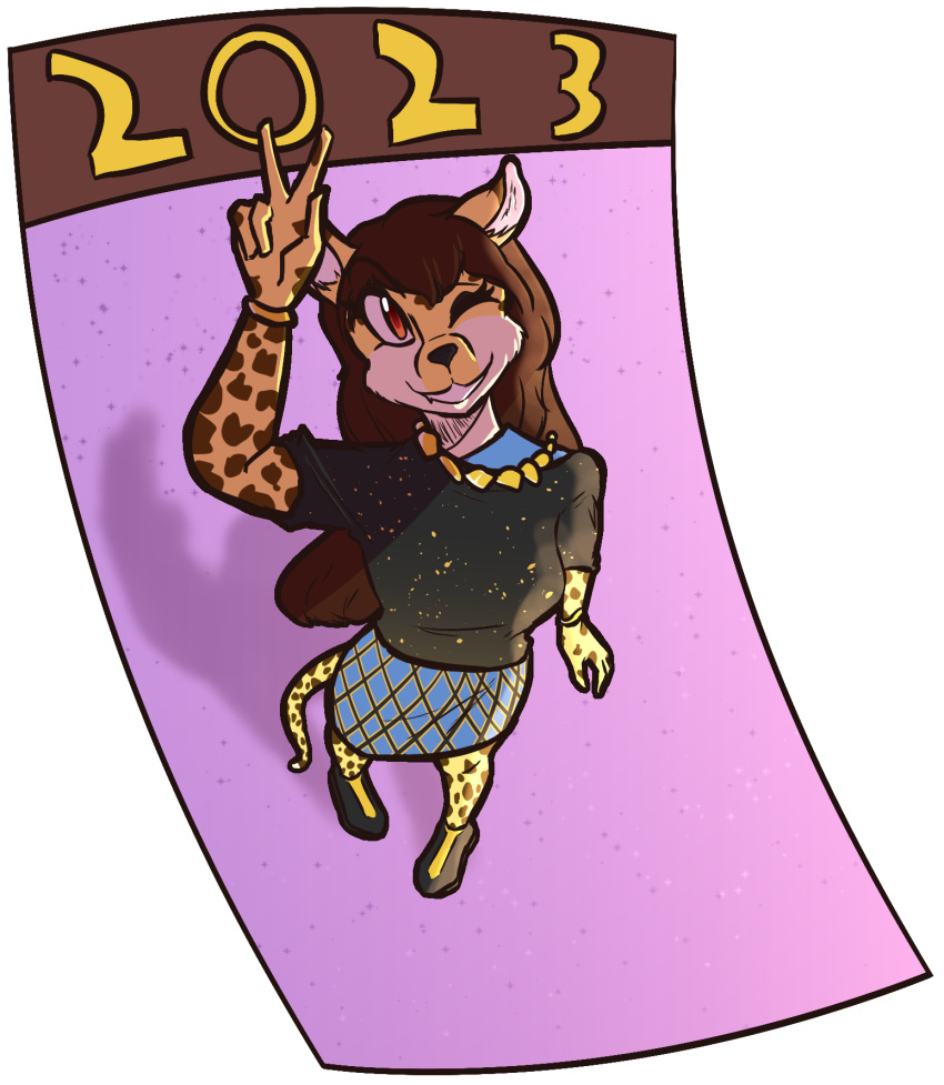 anthro bottomwear cheetah clothed clothing comic_panel digital_drawing_(artwork) digital_media_(artwork) felid feline female footwear hair hi_res high-angle_view holidays humanoid jewelry looking_at_viewer mammal marshbreeze necklace new_year shirt shoes simple_background skirt smile solo topwear