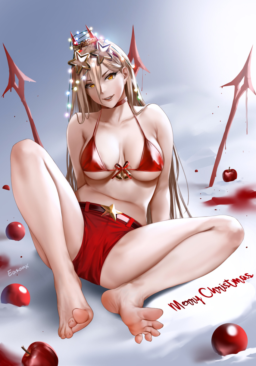 alternate_costume apple armpit_crease arms_behind_back artist_name barefoot bikini bikini_top_only blonde_hair blood breasts chainsaw_man chinese_commentary choker christmas collarbone commentary_request cross-shaped_pupils demon_horns easonx english_commentary eyewear_on_head feet food fruit full_body hair_between_eyes head_tilt highres horns knee_up large_breasts legs long_hair looking_at_viewer merry_christmas mixed-language_commentary parted_lips partial_commentary power_(chainsaw_man) red_bikini red_choker red_horns red_shorts sharp_teeth shiny shiny_skin short_shorts shorts sidelocks sitting skindentation soles spread_toes star-shaped_eyewear swimsuit symbol-shaped_pupils teeth toenails toes yellow_eyes