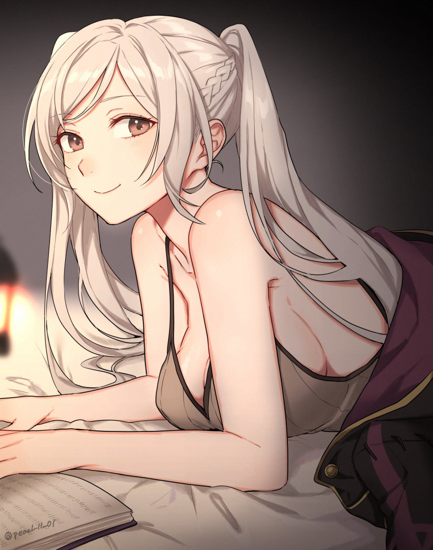 1girl alternate_breast_size book breasts brown_eyes cleavage fire_emblem fire_emblem_awakening gloves highres large_breasts long_hair looking_at_viewer lying on_stomach peach11_01 reading robe robin_(fire_emblem) robin_(fire_emblem)_(female) smile solo tank_top twintails upper_body white_hair