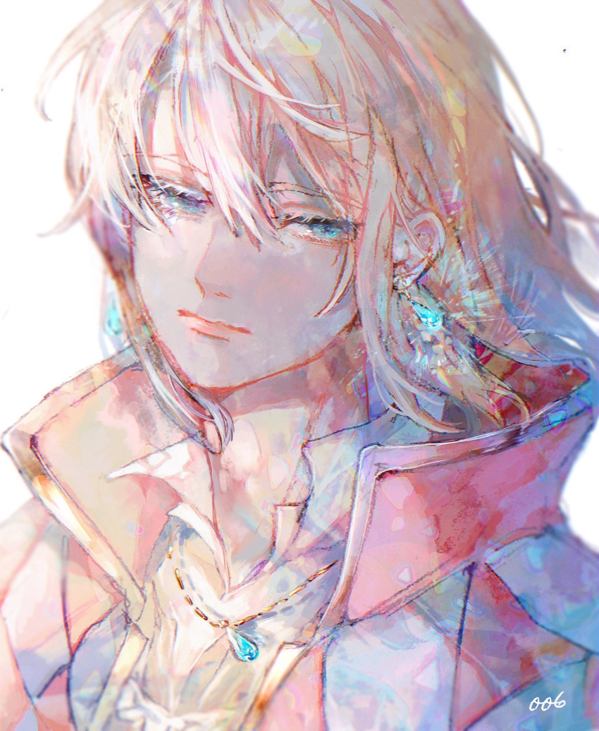 1boy blonde_hair blouse blue_eyes cape crystal_earrings earrings hair_between_eyes highres howl_(howl_no_ugoku_shiro) howl_no_ugoku_shiro jewelry looking_away medium_hair necklace orokudesu red_cape shirt signature simple_background solo white_background