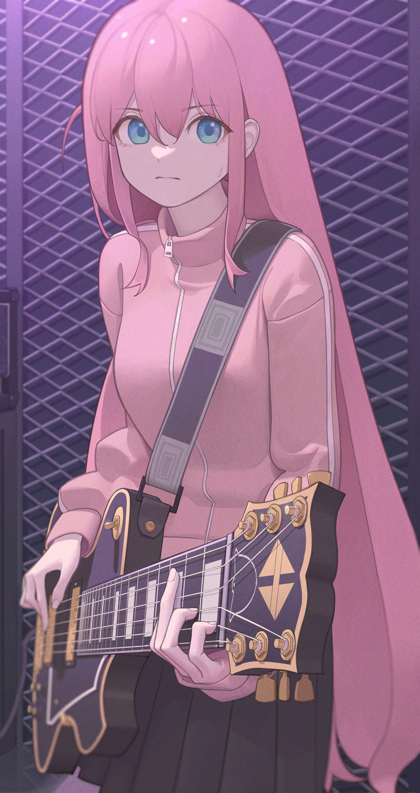 1girl absurdres aqua_eyes black_skirt bocchi_the_rock! chain-link_fence closed_mouth cowboy_shot electric_guitar fence gotou_hitori guitar highres instrument jacket komodo long_hair long_sleeves looking_at_viewer music one_side_up pink_hair pink_jacket playing_instrument pleated_skirt skirt solo track_jacket very_long_hair zipper_pull_tab