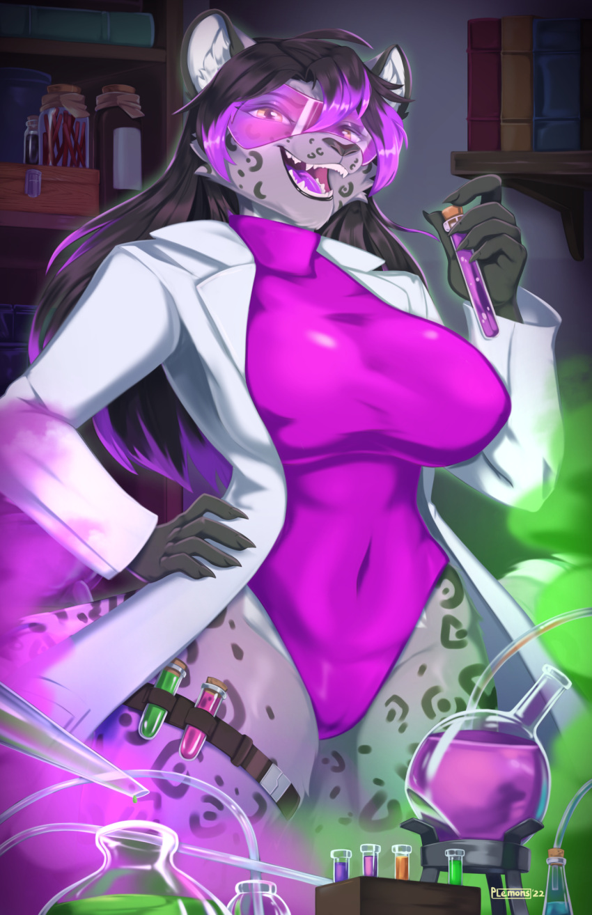 alchemy anthro black_hair breasts claws clothing coat felid female fur grey_body grey_fur hair hi_res highlights_(coloring) lab_coat laboratory_equipment laboratory_glassware leotard mammal pantherine patterned_fur purplelemons science scientific_instrument snow_leopard test_tube topwear vial visor yellow_eyes