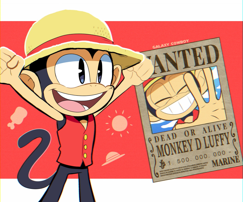 2023 alternate_species anthro clothing crossover furrification galaxy_cowboy haplorhine hat headgear headwear hi_res male mammal monkey monkey_d._luffy one_piece open_mouth open_smile primate sega signature smile solo sonic_the_hedgehog_(series) straw_hat teeth tongue wanted_poster