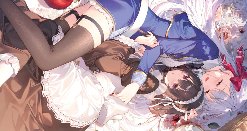 2girls :d apron black_shirt black_skirt black_thighhighs blue_jacket blue_skirt bow brown_hair closed_eyes closed_mouth dappled_sunlight from_above hair_bow hairband hetero highres jacket lolita_hairband long_hair long_skirt long_sleeves lying lyseria_christaria miniskirt multiple_girls non-web_source novel_illustration official_art on_side red_bow red_eyes seiken_gakuin_no_maken_tsukai shiny shiny_hair shirley_(seiken_gakuin_no_maken_tsukai) shirt skirt smile sunlight thigh_strap thighhighs toosaka_asagi very_long_hair white_apron white_hair wide_sleeves