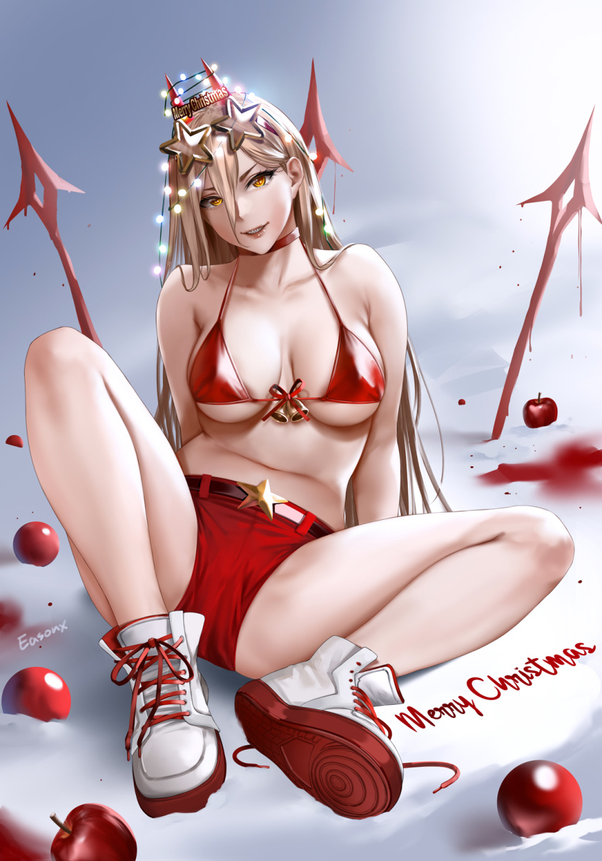 alternate_costume apple armpit_crease arms_behind_back artist_name bikini bikini_top_only blonde_hair blood breasts chainsaw_man chinese_commentary choker christmas collarbone commentary_request cross-shaped_pupils demon_horns easonx english_commentary eyewear_on_head food fruit full_body hair_between_eyes head_tilt highres horns knee_up large_breasts legs long_hair looking_at_viewer merry_christmas mixed-language_commentary parted_lips partial_commentary power_(chainsaw_man) red_bikini red_choker red_footwear red_horns red_shorts sharp_teeth shiny shiny_skin shoes short_shorts shorts sidelocks sitting skindentation sneakers star-shaped_eyewear swimsuit symbol-shaped_pupils teeth white_footwear yellow_eyes