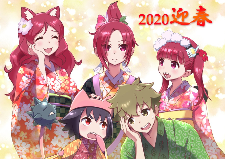 1boy 2020 4girls :3 animal_hat bangs black_hair blunt_bangs braid brown_hair cat_hat closed_eyes closed_mouth commentary_request earrings folded_ponytail furisode green_eyes green_kimono hair_ornament hand_on_another's_head hand_on_own_face haori hat japanese_clothes jewelry kemurikusa kimono long_hair long_sleeves looking_at_another looking_at_viewer medium_hair multiple_girls nengajou new_year open_mouth red_eyes red_hair red_kimono rina_(kemurikusa) riri_(kemurikusa) ritsu_(kemurikusa) sakurai_shizuku_(mimipull) short_hair smile standing sweatdrop twintails wakaba_(kemurikusa) wide_sleeves