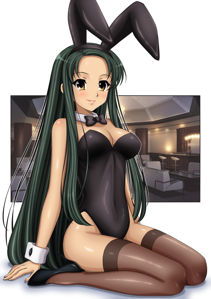 1girl absurdres alternate_costume animal_ears black_bow black_bowtie black_footwear black_hairband black_leotard bow bowtie breasts brown_thighhighs closed_mouth commentary_request cosplay couch detached_collar fake_animal_ears forehead full_body green_hair gurobeya hairband high_heels highres indoors large_breasts leotard lips long_hair looking_at_viewer over-kneehighs playboy_bunny rabbit_ears revealing_clothes seiza shadow simple_background sitting smile solo suzumiya_haruhi_no_yuuutsu thighhighs tsuruya very_long_hair white_background wrist_cuffs