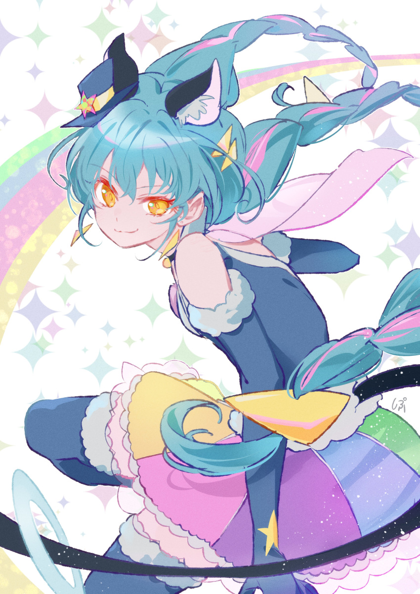 1girl absurdres animal_ears bangs blue_gloves blue_hair braid cat_ears cat_girl commentary cure_cosmo earrings elbow_gloves fur-trimmed_gloves fur_trim gloves hat highres jewelry long_hair magical_girl mini_hat mini_top_hat multicolored_hair precure rainbow_skirt shipu_(gassyumaron) smile solo star_twinkle_precure streaked_hair symbol-only_commentary tail tail_ornament tail_ring top_hat triangle_earrings twin_braids yellow_eyes yuni_(precure)