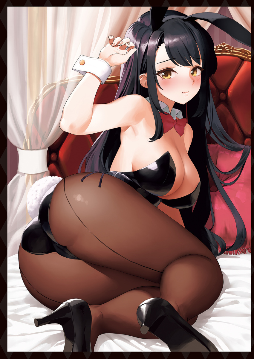 1girl animal_ears arm_up armpits ass bare_shoulders bed black_footwear black_hair black_hairband black_leotard bow bowtie breasts brown_pantyhose cameltoe canopy_bed cleavage closed_mouth crotch_seam detached_collar fake_animal_ears fake_tail hairband high_heels highres kaisen_chuui large_breasts latex leotard long_hair looking_at_viewer looking_back lying on_bed on_side original pantyhose pillow playboy_bunny rabbit_ears rabbit_tail reclining sidelocks solo strapless strapless_leotard tail wavy_mouth wrist_cuffs yellow_eyes