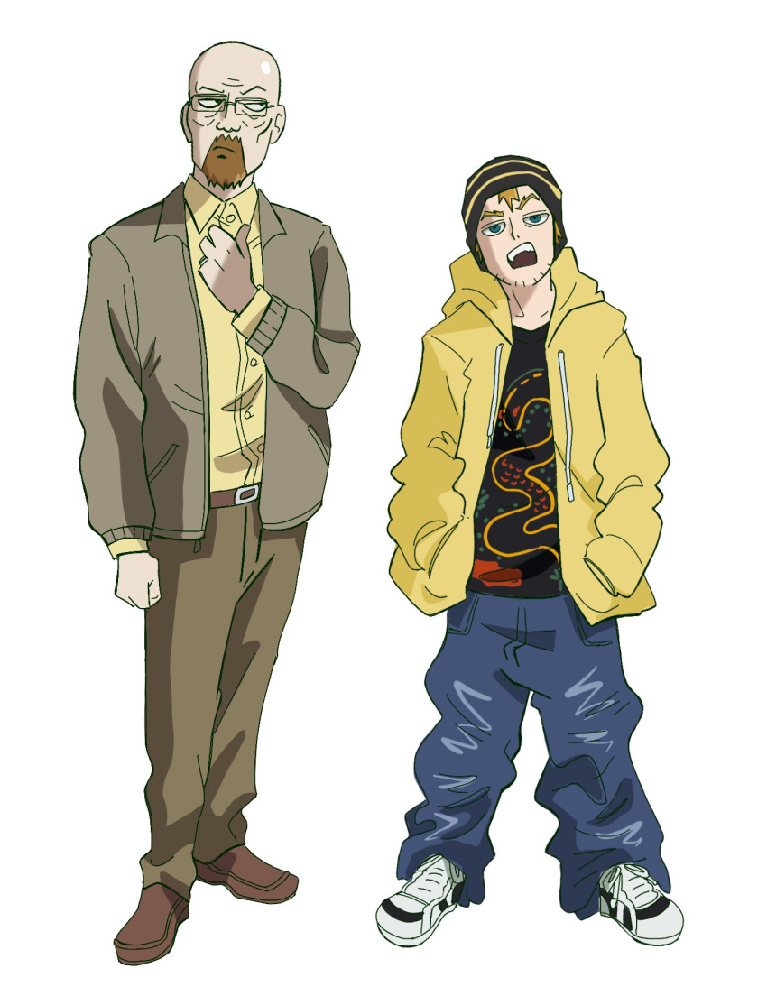 2boys beard belt black_shirt breaking_bad brown_belt brown_footwear denim facial_hair glasses highres jeans jesse_pinkman mob_psycho_100 multiple_boys open_mouth pants parody shirt simple_background style_parody teeth tocartss upper_teeth_only walter_white white_background