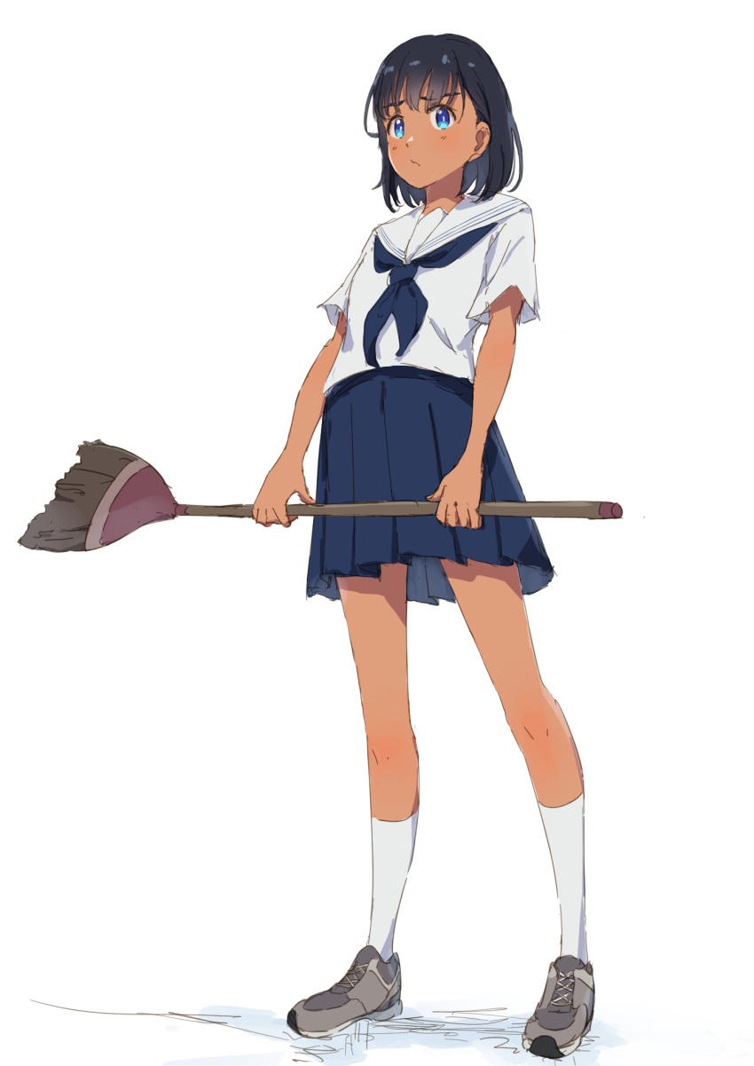 1girl black_hair blue_eyes blue_neckerchief blue_skirt broom closed_mouth dark-skinned_female dark_skin fukunaga_nagisa full_body grey_footwear highres holding holding_broom kneehighs kofune_mio miniskirt neckerchief pleated_skirt sailor_collar school_uniform serafuku shiny shiny_hair shirt shoes short_hair short_sleeves simple_background sketch skirt sneakers socks solo standing straight_hair summertime_render white_background white_sailor_collar white_shirt white_socks