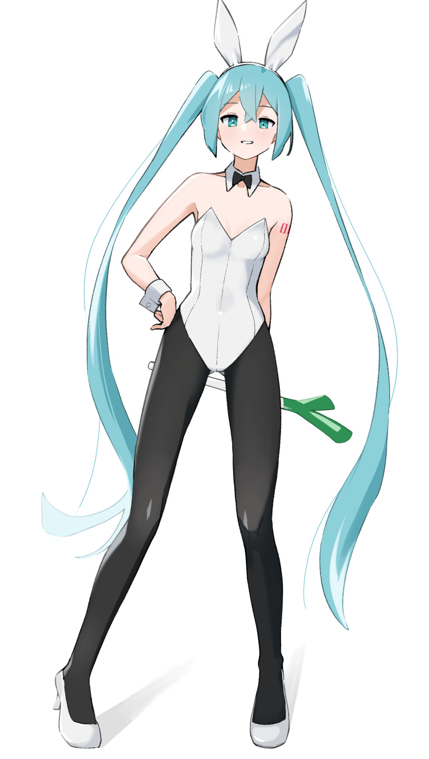 1girl arm_tattoo bangs bare_arms bare_shoulders black_bow black_bowtie black_pantyhose blue_hair bow bow_hairband bowtie breasts cleavage collarbone detached_collar floating_hair full_body green_eyes grin hair_between_eyes hair_bow hairband hand_on_hip hatsune_miku high_heels highres holding leotard long_hair looking_at_viewer number_tattoo pantyhose playboy_bunny pumps quraqura_nemii shiny shiny_hair simple_background small_breasts smile solo standing strapless strapless_leotard tattoo twintails very_long_hair vocaloid white_background white_bow white_footwear white_hairband white_leotard wrist_cuffs