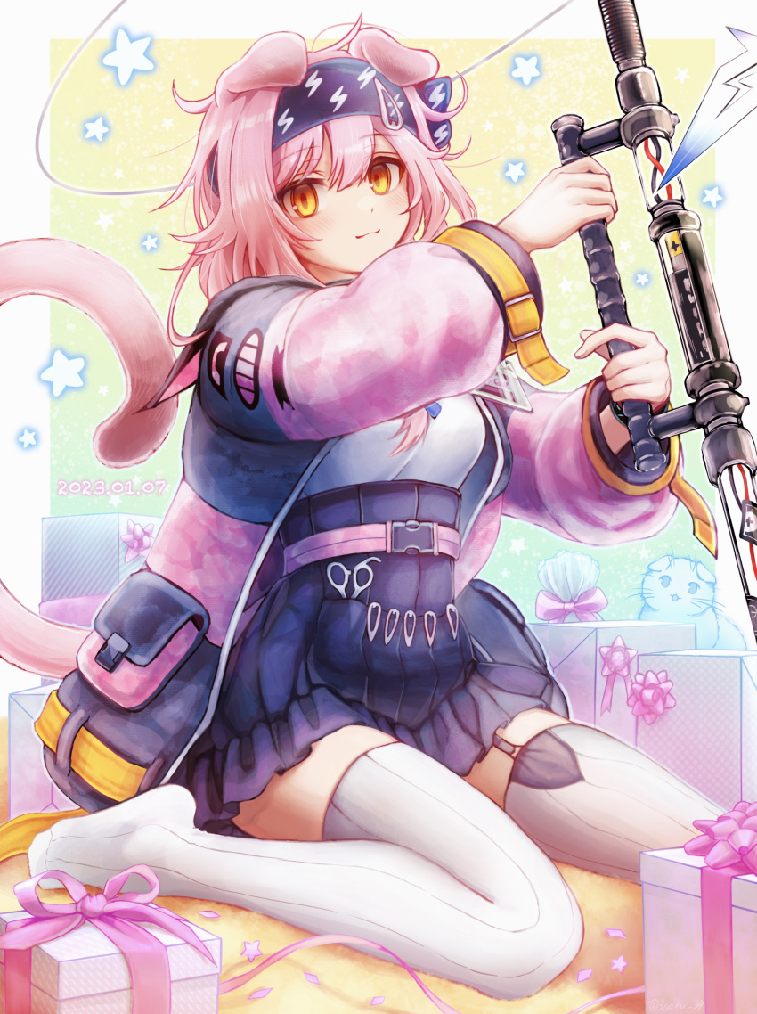 1girl 3_(sanyako1) absurdres animal_ears arknights bangs belt black_coat black_hairband black_skirt box breasts cat cat_ears cat_girl cat_tail closed_mouth coat dated garter_straps gift gift_box goldenglow_(arknights) hairband high-waist_skirt highres holding holding_staff lightning_bolt_print long_hair looking_at_viewer medium_breasts no_shoes open_clothes open_coat orange_eyes pink_coat pink_hair scissors scottish_fold shirt sitting skirt smile solo staff star_(symbol) tail thighhighs two-tone_coat wariza white_shirt white_thighhighs zettai_ryouiki