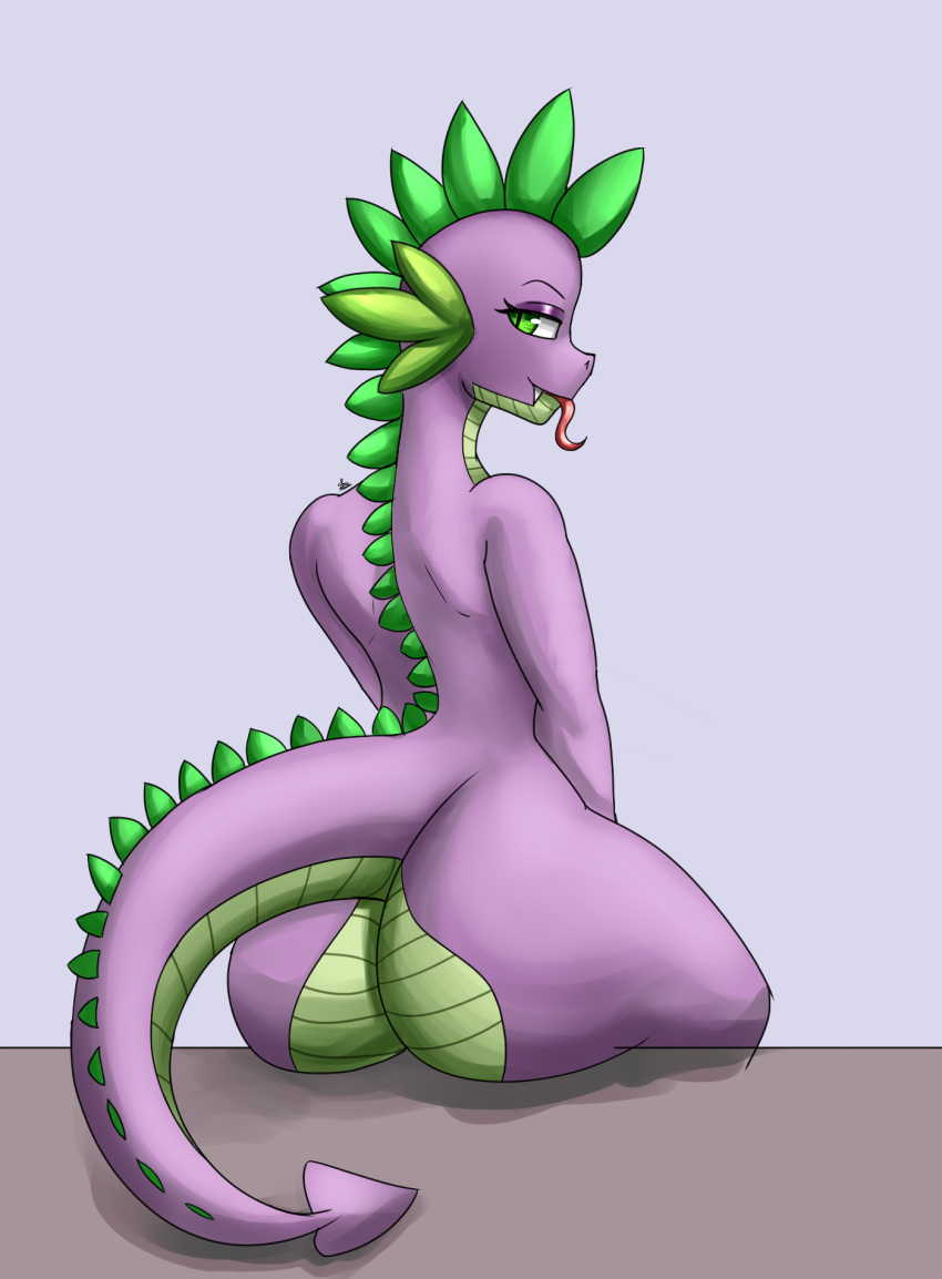 2022 anthro butt digital_drawing_(artwork) digital_media_(artwork) dragon eyelashes fangs friendship_is_magic girly green_eyes hasbro hi_res lavender_background looking_at_viewer looking_back looking_back_at_viewer male my_little_pony purple_body rear_view scalie simple_background smile solo spike_(mlp) teeth tongue tongue_out zachc