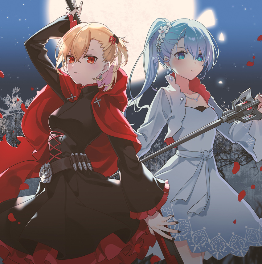 2girls arm_up ashizawa_saki az_(zero_glvimayhop) bangs black_dress black_nails blonde_hair blue_eyes blue_hair cape closed_mouth colored_inner_hair cosplay crescent_rose dress flower hair_between_eyes hair_flower hair_ornament head_wreath highres layered_dress long_hair long_sleeves multicolored_hair multiple_girls myrtenaster nail_polish one_side_up parted_lips pink_hair ponytail red_cape red_eyes riot_music ruby_rose ruby_rose_(cosplay) rwby shiny shiny_hair short_hair shrug_(clothing) smile standing two-tone_hair virtual_youtuber weiss_schnee weiss_schnee_(cosplay) white_dress white_flower