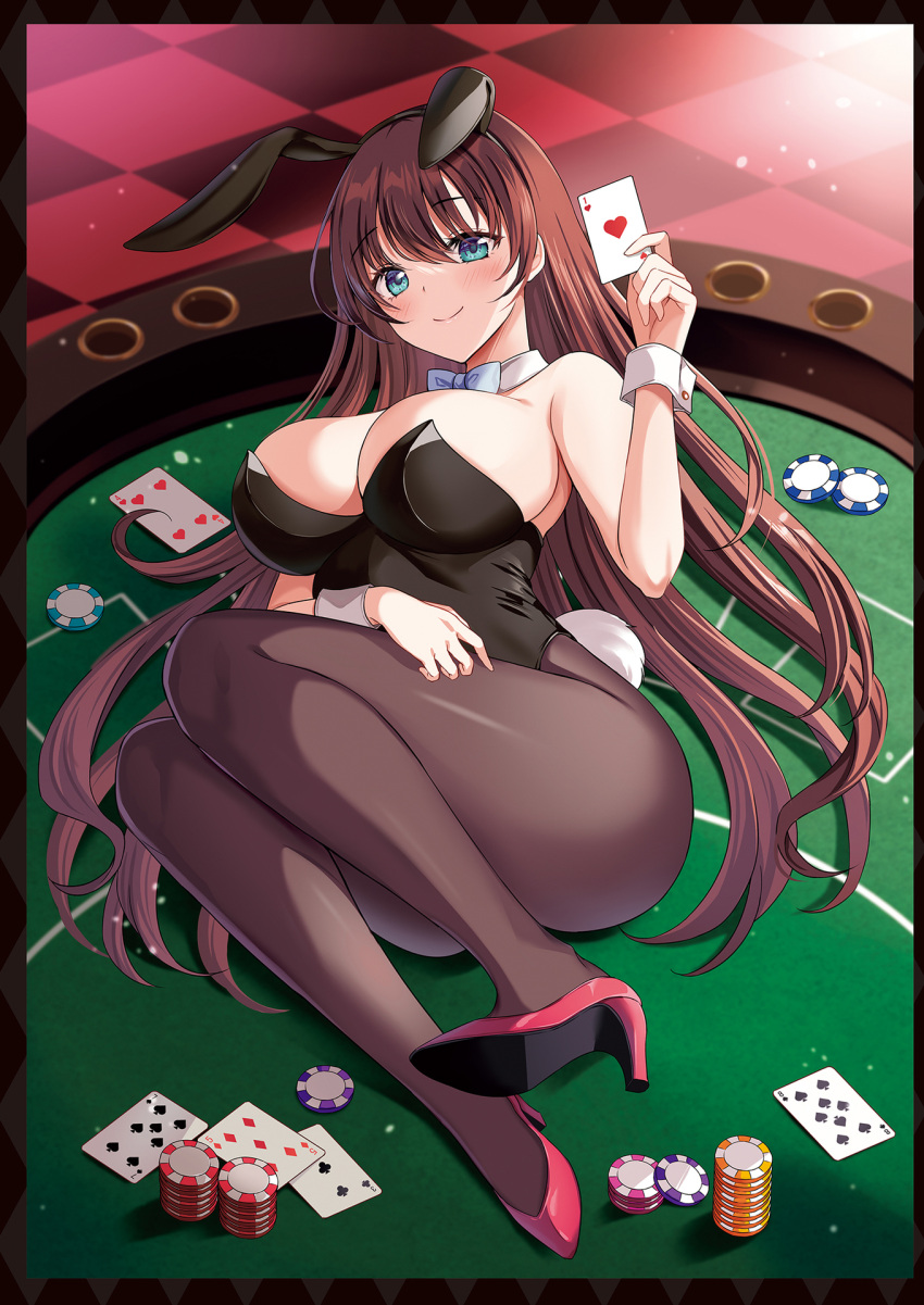 1girl animal_ears ass bare_arms bare_shoulders black_hairband black_leotard blue_eyes bow bowtie breasts brown_hair brown_pantyhose card cleavage closed_mouth detached_collar fake_animal_ears fake_tail hairband harimoji high_heels highleg highleg_leotard highres holding holding_card large_breasts legs leotard long_hair looking_at_viewer lying on_back on_table original pantyhose pink_footwear playboy_bunny playing_card poker_chip poker_table rabbit_ears rabbit_tail smile solo strapless strapless_leotard table tail thighs very_long_hair wrist_cuffs