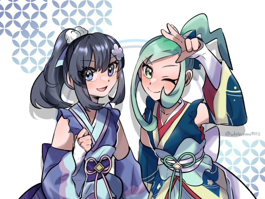 2girls aqua_eyes aqua_hair black_hair clenched_hand closed_mouth commentary dawn_(new_year's_2023)_(pokemon) dawn_(pokemon) detached_sleeves lisia_(new_year's_2023)_(pokemon) lisia_(pokemon) looking_at_viewer multiple_girls official_alternate_costume one_eye_closed open_mouth pokemon pokemon_(game) pokemon_masters_ex ponytail sash shippou_(pattern) smile symbol-only_commentary twitter_username w whitecrow9522