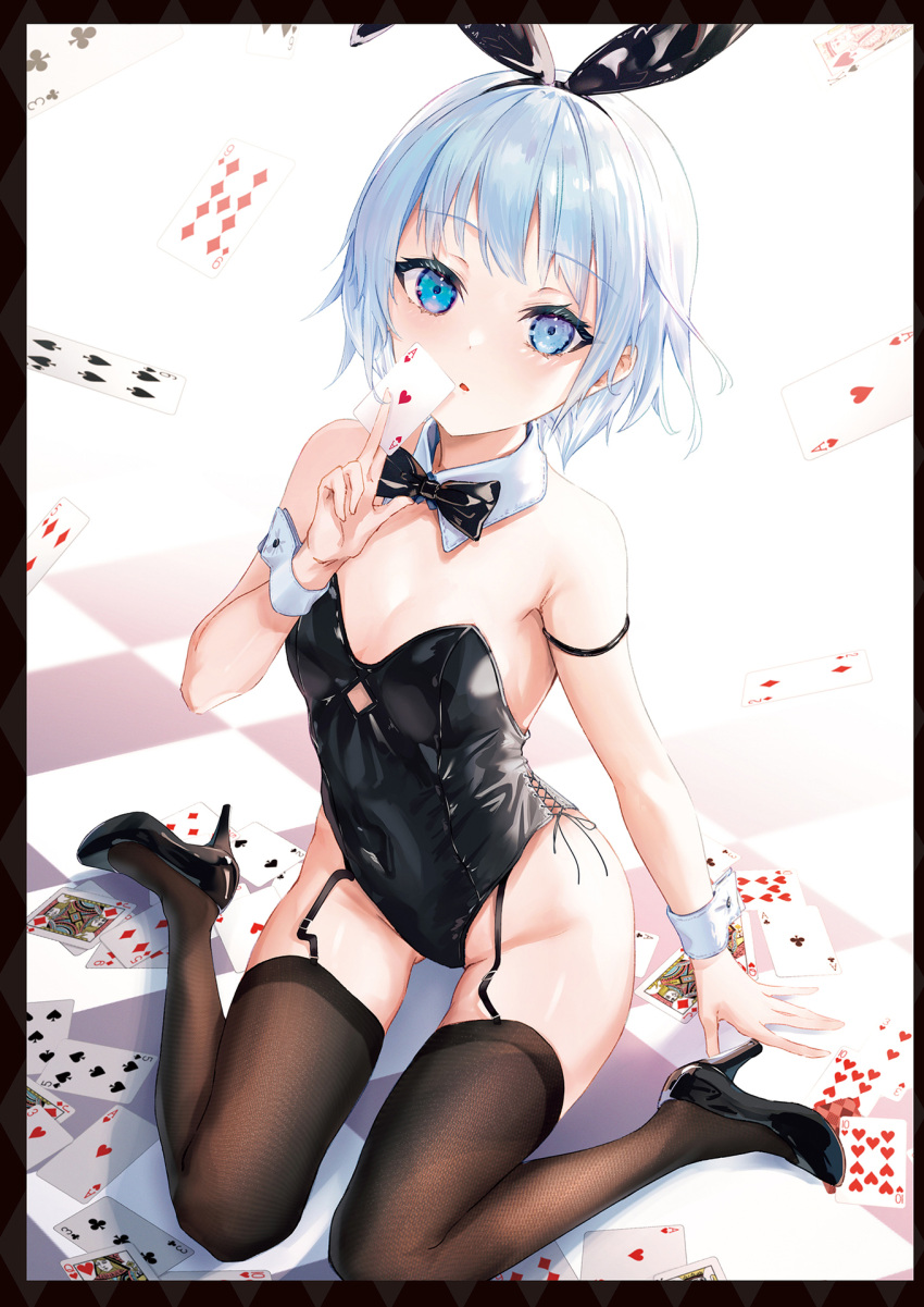 1girl animal_ears arm_strap armpit_crease bare_shoulders black_footwear black_hairband black_leotard blue_eyes bow bowtie breasts brown_thighhighs card clothing_cutout covered_navel detached_collar fake_animal_ears garter_straps groin hairband high_heels highres holding kyaroru latex leotard looking_at_viewer original parted_lips playing_card rabbit_ears short_hair sitting small_breasts solo strapless strapless_leotard thighhighs thighs underboob_cutout wariza white_hair wrist_cuffs