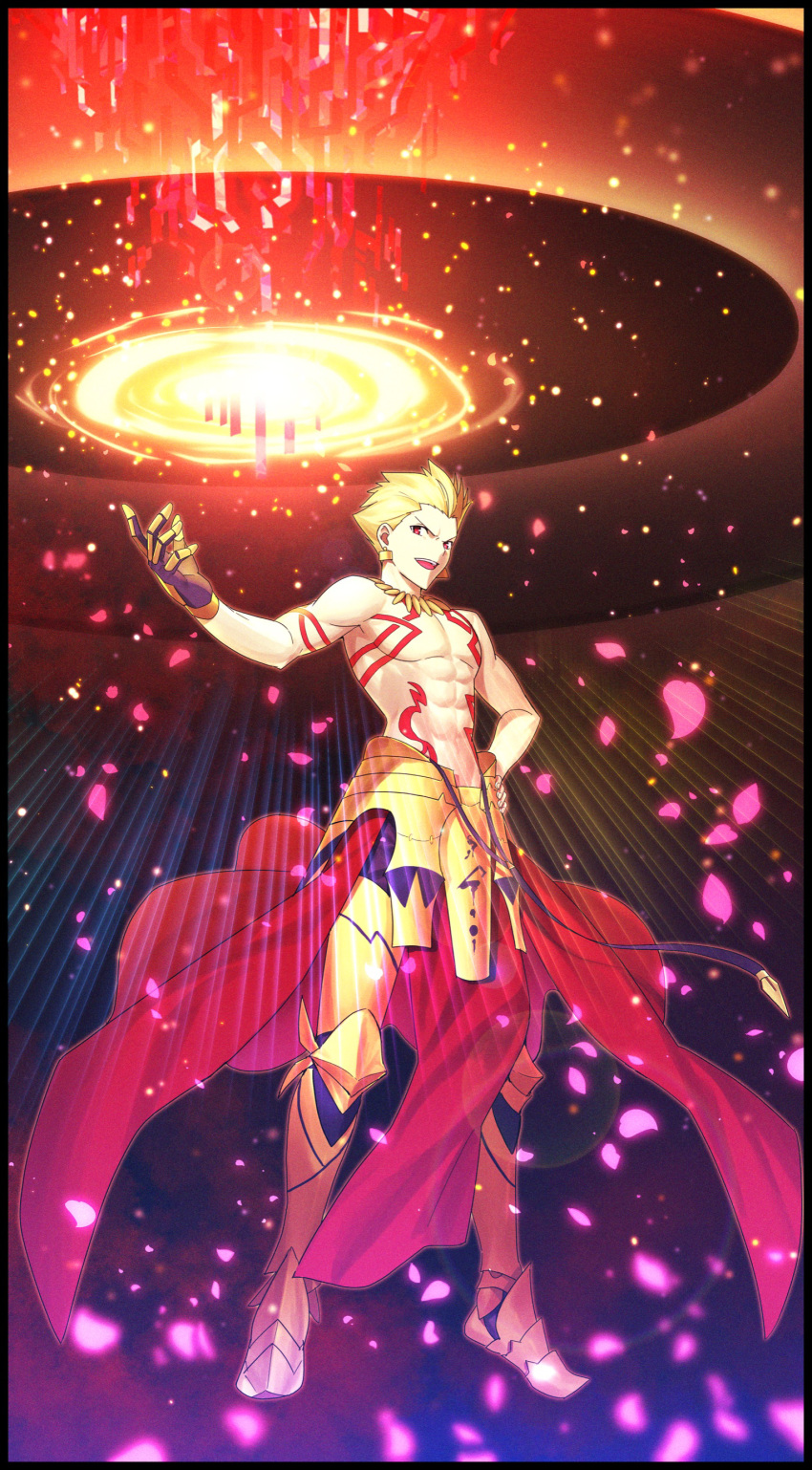 1boy abs absurdres arm_tattoo blonde_hair chietori earrings fate/grand_order fate_(series) full_body gilgamesh_(fate) gloves gold_armor highres jewelry necklace official_style open_mouth petals red_eyes short_hair single_glove solo tattoo teeth topless_male upper_teeth_only