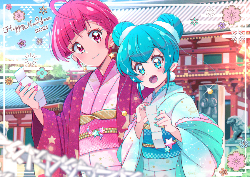 2girls aged_up ahoge alternate_hairstyle aqua_eyes aqua_hair aqua_jacket aqua_kimono aqua_nails bangs blue_sky blunt_bangs braid braided_bangs building closed_mouth commentary day double_bun earrings english_text fluff furisode hagoromo_lala hair_bun hair_up haori happy_new_year hatsumoude holding holding_paper hoshina_hikaru jacket japanese_clothes jewelry juugoya_neko kimono long_sleeves looking_at_viewer multiple_girls new_year obi off_shoulder omikuji open_mouth outdoors paper pink_eyes pink_hair pink_jacket pink_kimono pink_nails pointy_ears pom_pom_(clothes) pom_pom_earrings precure print_kimono sash short_hair side-by-side sky smile sparkle star-shaped_pupils star_(symbol) star_earrings star_print star_twinkle_precure symbol-shaped_pupils temple uroko_(pattern) wide_sleeves