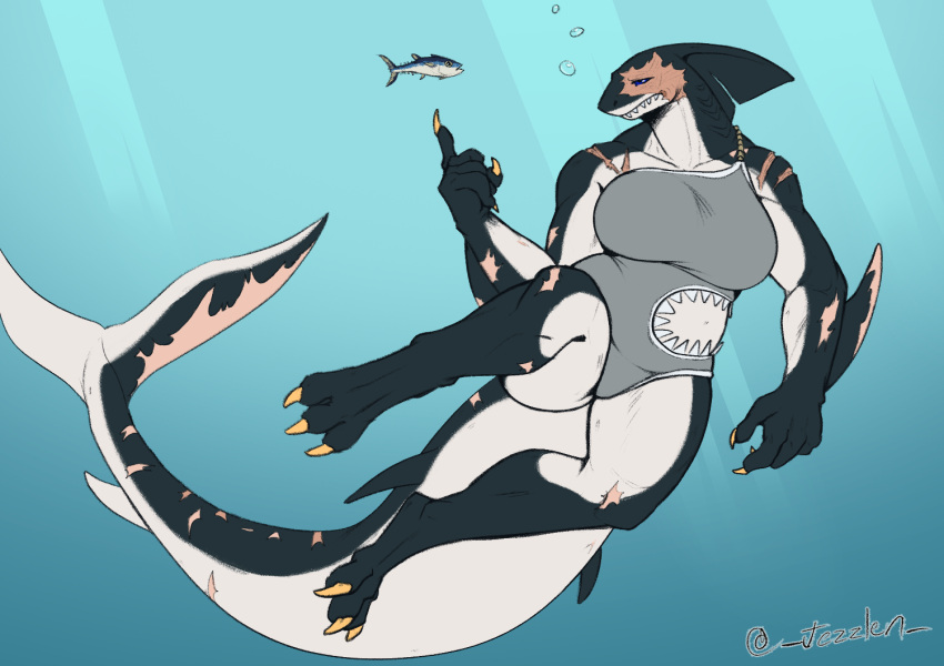 anthro big_breasts big_tail breasts bubble claws clothed clothing digital_media_(artwork) female fin fish jezzlen marine muscular muscular_female overbite scar shark sharkini simple_background solo swimwear tail teeth underwater water