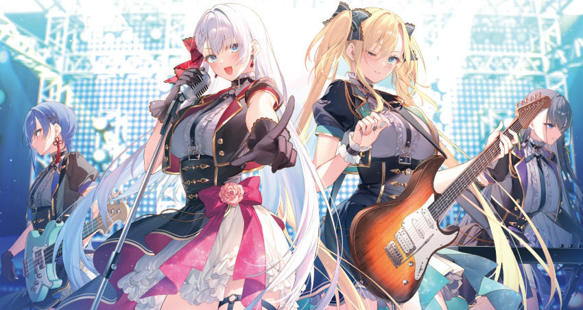 4girls ;) bangs black_gloves blonde_hair blue_eyes blue_hair blue_jacket bow braid breasts brown_eyes brown_hair closed_mouth dress_shirt earrings elfine_phillet floating_hair frilled_bow frills gem gloves green_eyes grey_bow hair_between_eyes hair_bow hair_ornament highres holding holding_instrument holding_microphone idol index_finger_raised instrument jacket jewelry large_breasts long_hair looking_at_viewer lyseria_christaria microphone microphone_stand miniskirt multiple_girls non-web_source novel_illustration official_art one_eye_closed open_clothes open_jacket red_bow red_gemstone regina_mercedes sakuya_sieglinde seiken_gakuin_no_maken_tsukai shiny shiny_hair shirt short_hair short_sleeves single_braid skirt smile stage toosaka_asagi twintails underbust very_long_hair white_hair white_shirt white_skirt wrist_cuffs