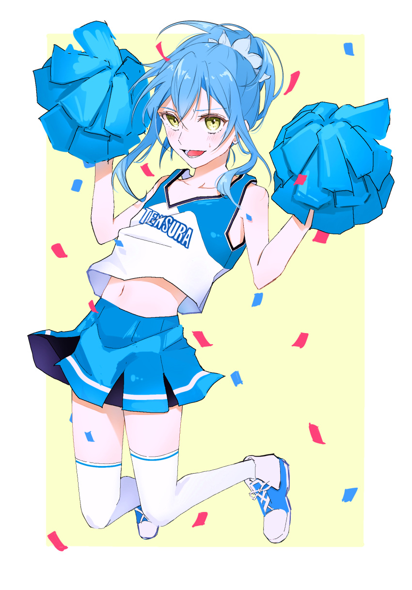 1other :d ambiguous_gender bangs blue_hair blue_shirt blue_skirt border cheerleader collarbone floating_hair full_body hair_between_eyes highres long_hair midriff miniskirt multicolored_shirt navel open_mouth pleated_skirt pom_pom_(cheerleading) ponytail print_shirt rimuru_tempest shiny shiny_hair shirt skirt sleeveless sleeveless_shirt smile stomach sweatdrop tensei_shitara_slime_datta_ken thighhighs white_border white_lily831 white_shirt white_thighhighs yellow_background yellow_eyes zettai_ryouiki