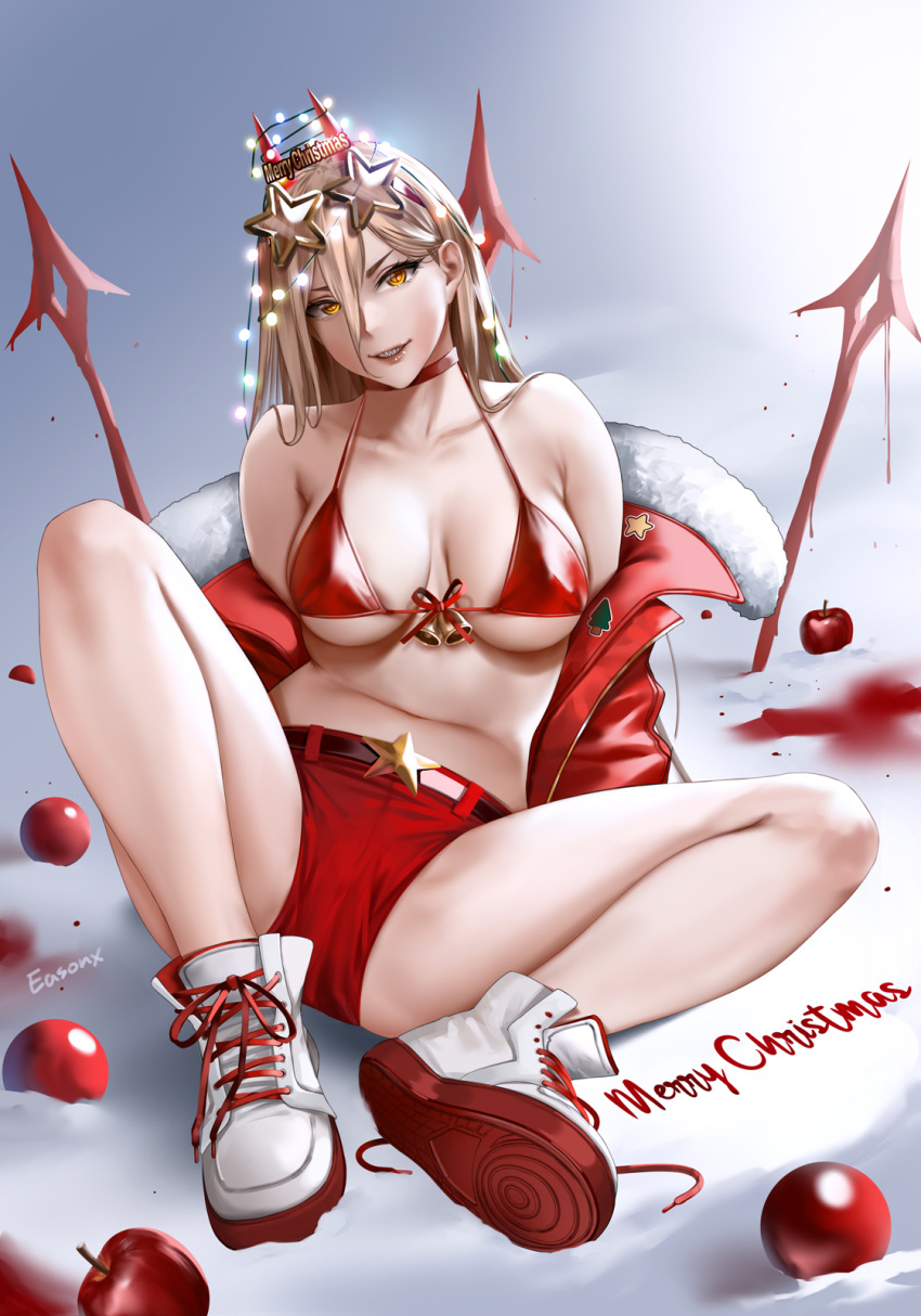 alternate_costume apple armpit_crease arms_behind_back artist_name bikini bikini_top_only blonde_hair blood breasts chainsaw_man chinese_commentary choker christmas collarbone commentary_request cross-shaped_pupils demon_horns easonx english_commentary eyewear_on_head food fruit full_body fur-trimmed_jacket fur_trim hair_between_eyes head_tilt highres horns jacket knee_up large_breasts legs long_hair looking_at_viewer merry_christmas mixed-language_commentary parted_lips partial_commentary power_(chainsaw_man) red_bikini red_choker red_footwear red_horns red_jacket red_shorts sharp_teeth shiny shiny_skin shoes short_shorts shorts sidelocks sitting skindentation sneakers star-shaped_eyewear swimsuit symbol-shaped_pupils teeth white_footwear yellow_eyes