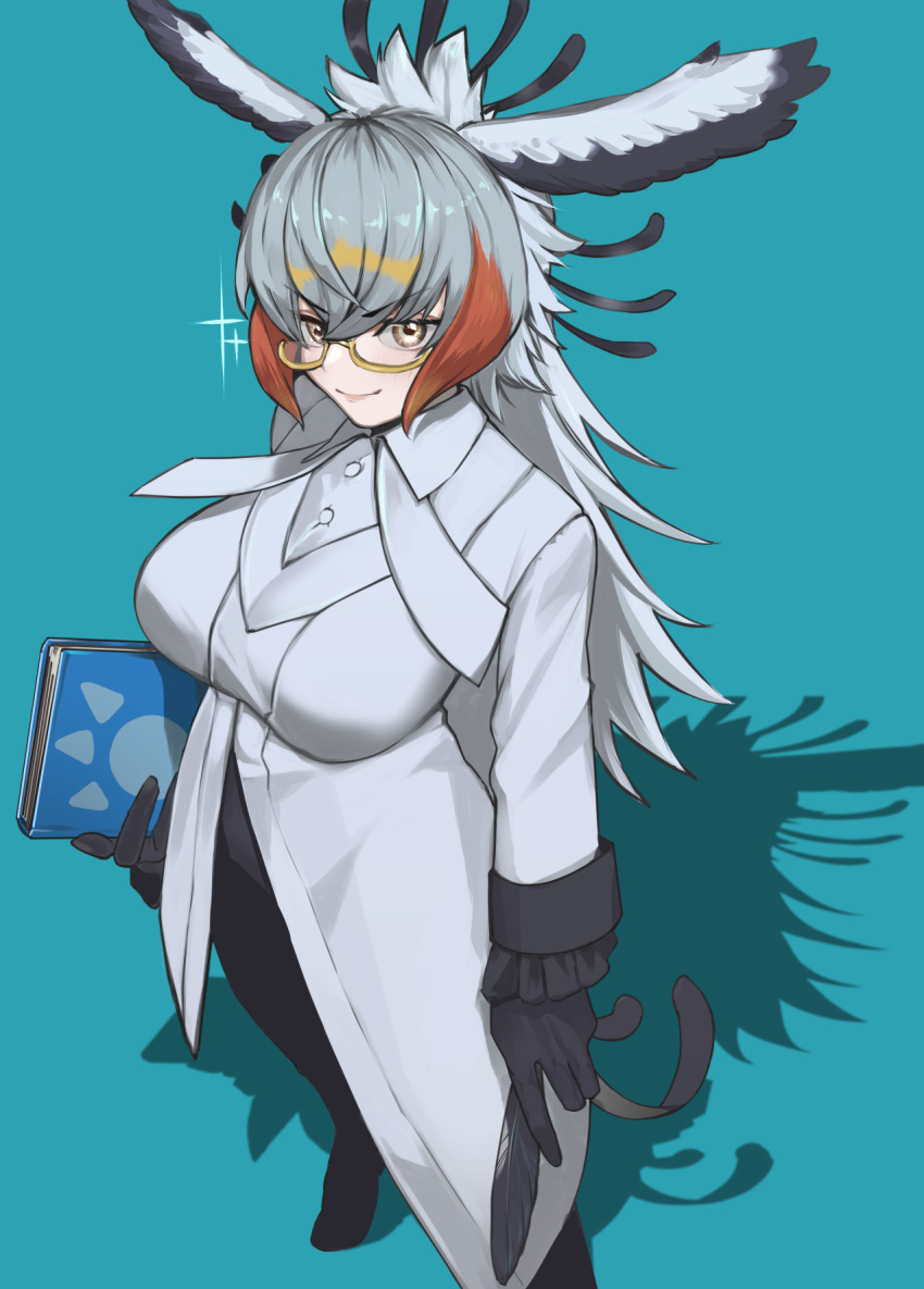 1girl a888_n22 aqua_background arm_at_side bangs bird_girl bird_tail bird_wings black_pants blonde_hair book breasts buttons closed_mouth coat collared_coat frilled_sleeves frills glasses gloves grey_hair hair_between_eyes head_wings highres holding holding_book holding_quill kemono_friends large_breasts legs_apart long_hair long_sleeves multicolored_hair pants quill red_hair secretarybird_(kemono_friends) semi-rimless_eyewear shiny shiny_hair shoes simple_background smile solo standing tail under-rim_eyewear very_long_hair white_coat white_hair wing_collar wings yellow_eyes