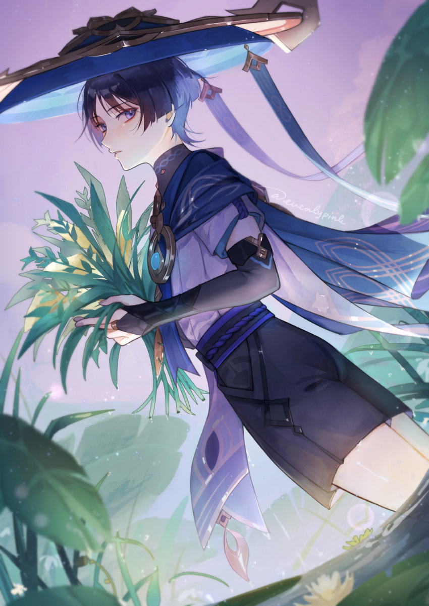 armor ass bangs black_hair black_sash black_shirt black_shorts blue_cape blue_headwear blue_sash blunt_ends bouquet cape elbow_gloves eucalypink eyeshadow flat_ass flower genshin_impact gloves gold_trim grass hakama hakama_shorts hat highres holding holding_bouquet japanese_armor japanese_clothes jewelry jingasa kote kurokote leaf light_blue_ribbon lily_(flower) lily_pad makeup mandarin_collar parted_lips purple_eyes red_eyeshadow ribbon ring sash scaramouche_(genshin_impact) shirt short_hair short_sleeves shorts thighs vest vision_(genshin_impact) wading wanderer_(genshin_impact) water white_vest