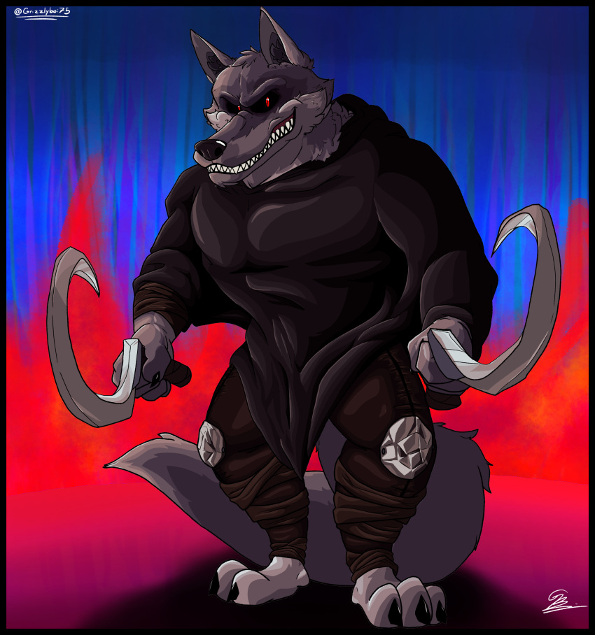 absurd_res anthro bandage bandaged_arm big_bad_wolf black_eyes canid canine canis claws cloak clothing death_(puss_in_boots) dreamworks fairy_tales grey_body grizzlyboi75 hi_res male mammal pupils puss_in_boots_(dreamworks) puss_in_boots_the_last_wish red_pupils smile smiling_at_viewer weapon wolf