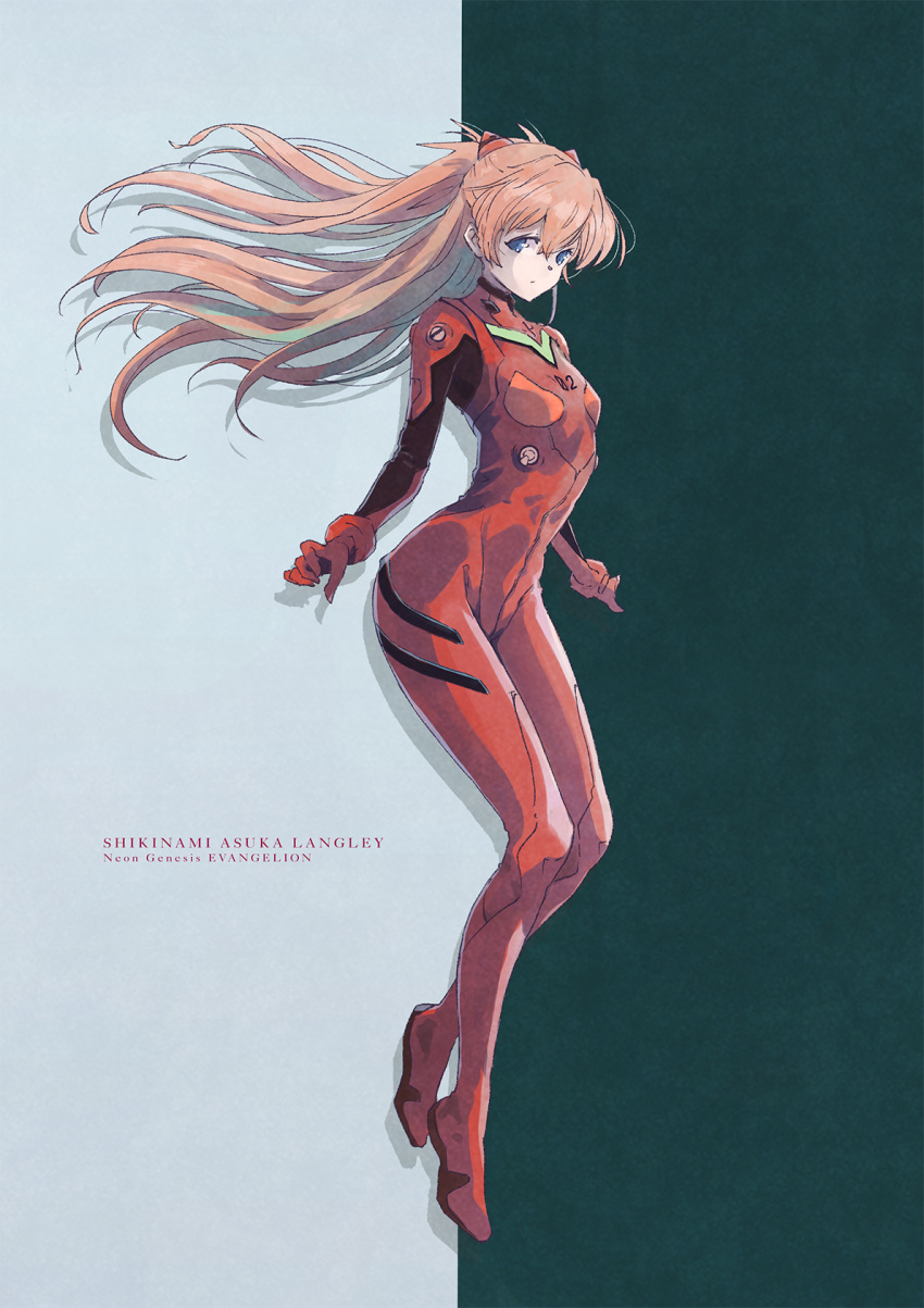 1girl blue_eyes bodysuit breasts brown_hair character_name copyright_name floating_hair full_body headgear highres long_hair neon_genesis_evangelion plugsuit red_bodysuit satyuas shiny shiny_hair small_breasts solo souryuu_asuka_langley very_long_hair