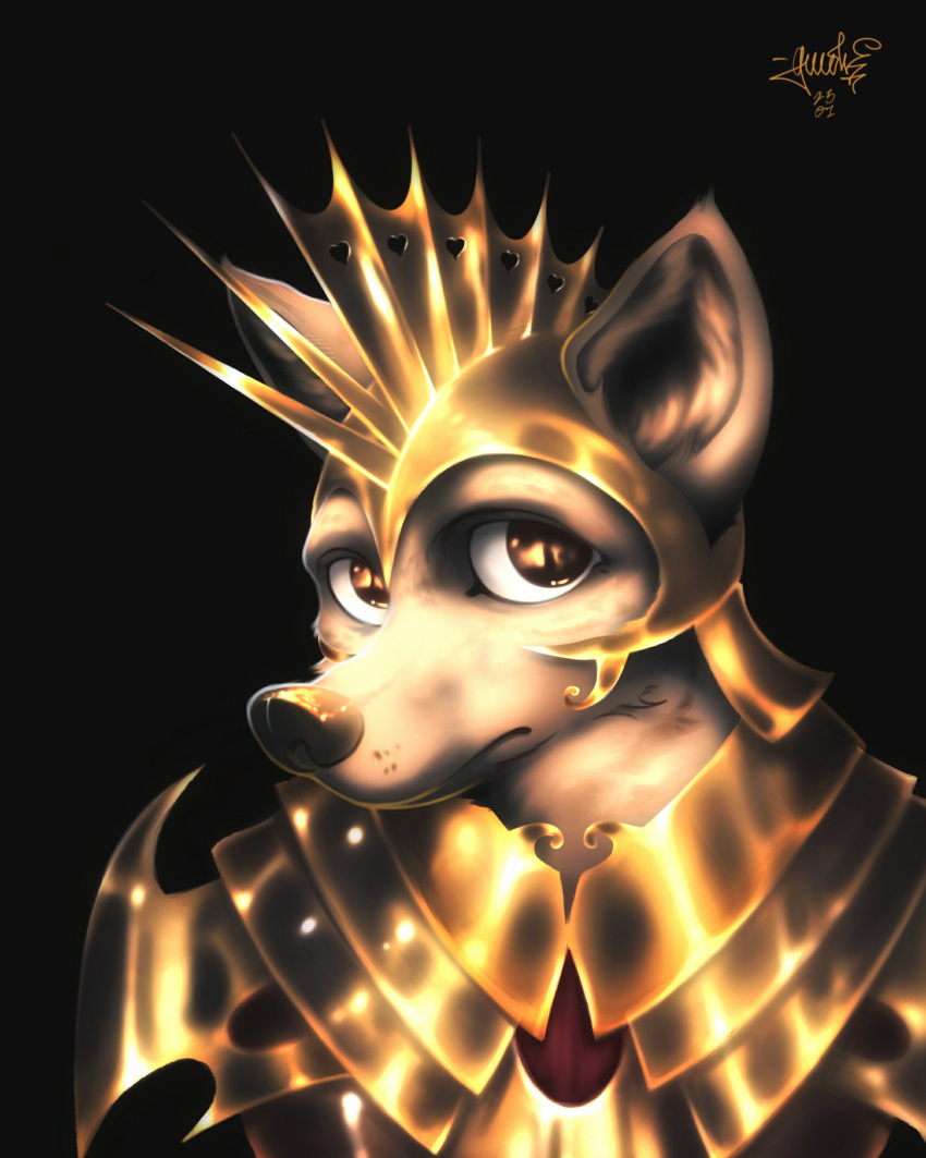 absurd_res anthro armor black_background black_nose brown_eyes canid canine canis clothing domestic_dog fur glistening glistening_eyes gold_(metal) gold_armor gold_suit gwolk headgear helmet hi_res inner_ear_fluff looking_at_viewer looking_back looking_back_at_viewer male mammal monochrome_fur monotone_body monotone_ears monotone_face monotone_fur reflection reflective_clothing shaded simple_background solo spiked_armor spikes suit topwear tuft warrior white_body white_fur