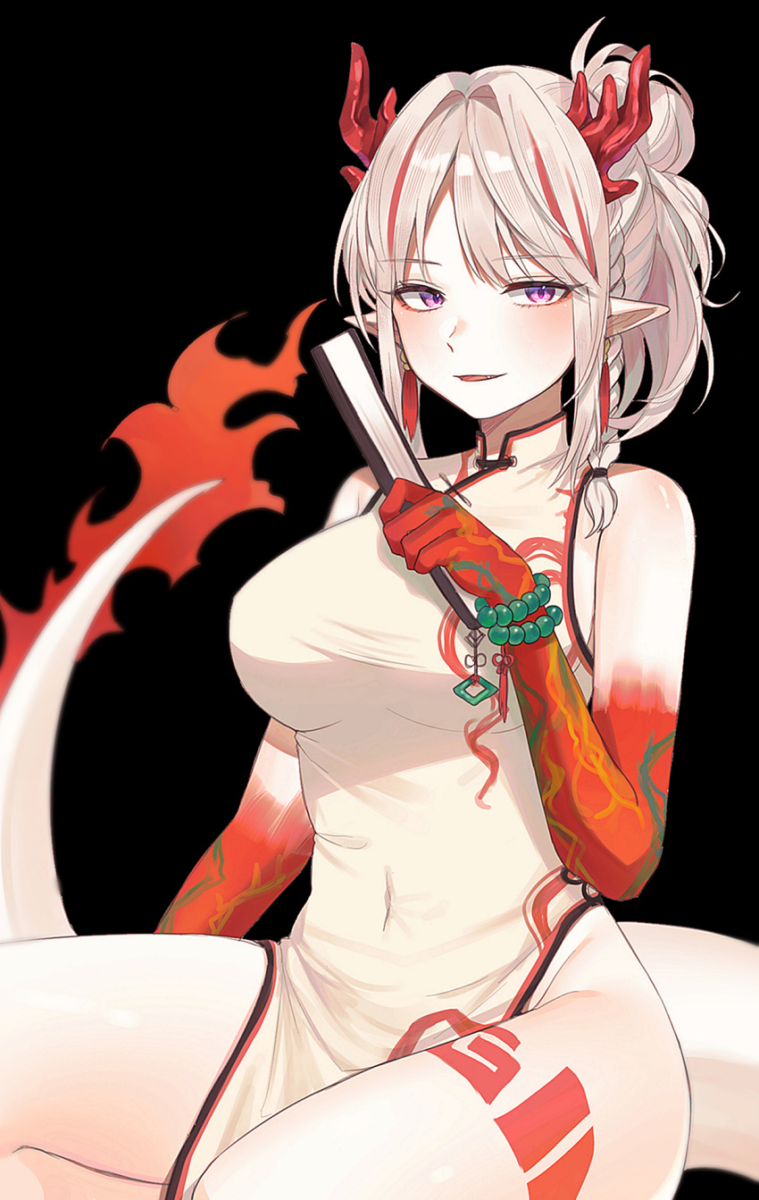 1girl :d arknights bare_shoulders bead_bracelet beads black_background blush bracelet braid breasts colored_skin covered_navel dragon_girl dragon_horns dragon_tail dress earrings fang fiery_tail folded_fan folding_fan gradient_skin grey_dress grey_hair hand_fan highres holding holding_fan horns hyeroin jewelry large_breasts looking_at_viewer multicolored_hair nian_(arknights) nian_(unfettered_freedom)_(arknights) official_alternate_costume open_mouth pelvic_curtain pointy_ears purple_eyes red_skin short_hair side_braid simple_background sitting sleeveless sleeveless_dress smile solo streaked_hair tail two-tone_hair white_dress