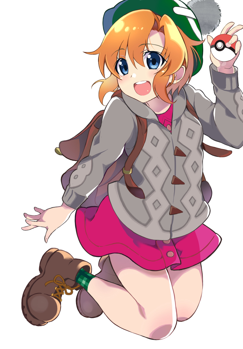 1girl :d absurdres backpack bag bangs blue_eyes boots brown_bag brown_footwear buttons cable_knit cardigan collared_dress commentary_request commission cosplay dress full_body gloria_(pokemon) gloria_(pokemon)_(cosplay) green_headwear green_socks grey_cardigan hair_between_eyes hand_up hat highres higurashi_no_naku_koro_ni holding holding_poke_ball hooded_cardigan long_sleeves looking_to_the_side mashimaro_tabetai open_mouth orange_hair pink_dress pixiv_commission plaid_socks poke_ball poke_ball_(basic) pokemon pokemon_(game) pokemon_swsh ryuuguu_rena smile socks solo tam_o'_shanter teeth transparent_background upper_teeth_only