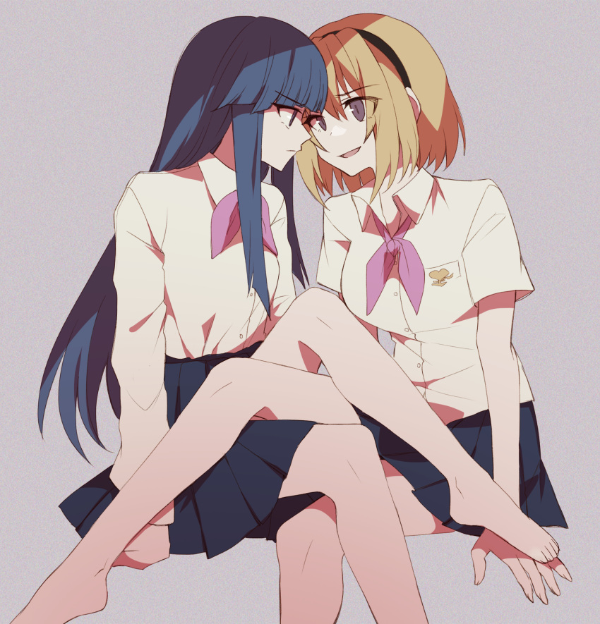 bangs barefoot black_hairband black_skirt blonde_hair blue_hair blunt_bangs bow crossed_legs face-to-face furude_rika hairband highres higurashi_no_naku_koro_ni hime_cut houjou_satoko kyusai_kuma long_hair pink_bow pink_eyes purple_eyes red_eyes school_uniform shirt short_hair sidelocks skirt st._lucia_academy_school_uniform white_shirt yuri