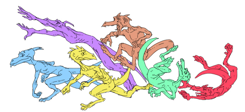 anthro blue_body claws digital_media_(artwork) green_body group horn jumping kobold male open_mouth orange_body purple_body red_body reptile running scales scalie scuotivento simple_background slim tail tongue tongue_out yellow_body